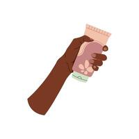 Dark skin hand holding a bottle of cream. Skin care. Sun protection, moisturizing care for the skin of hands, face and body. flat illustration on isolated background vector