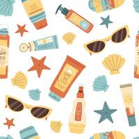 Seamless pattern with sunscreen and seashells. SPF protection for skin from the sun. Summer endless texture. Great for texture, background, wallpaper, scrapbooking. vector