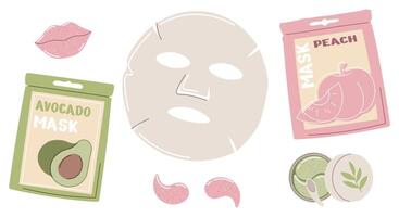 Set of beauty masks made of fabric and gel. Cosmetic moisturizing face masks, patches. Skin care. Flat illustration on isolated background vector