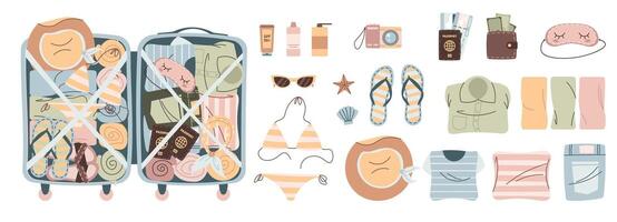 Set of illustrations of things and luggage. Travel and adventure tourism, trips abroad, summer holidays. Hand drawn illustration in flat style. Ideal for sticker kit, scrapbooking, posters, tag vector