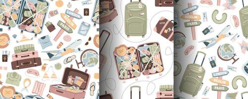 Set of seamless pattern with tourist items, luggage, tickets and plane. Travel time, summer vacation. Endless texture about trip and flight. Flat illustration vector