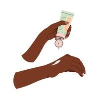 Dark skin hands applying cream. Skin care. Sun protection, skin care for hands, face and body. Beauty products, cosmetics, hygiene. flat illustration on isolated background vector