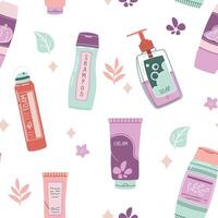 Seamless pattern with bottles of cosmetic products. Cream, lotion, serum for face and body. Personal care, hygiene. flat illustration for texture, background, wallpaper, fabric vector