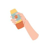 Hand holding sunscreen. Skin care. Protection from the sun and sun rays, healthy skin, even tan. flat illustration on isolated background vector