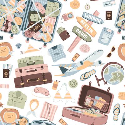 Seamless pattern with tourist items, luggage, tickets and plane. Travel time, summer vacation. Endless texture about trip and flight. Flat illustration