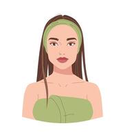 retrato de un niña en el baño en un aislado antecedentes. cuidados personales en el Mañana. retrato de un joven chica, Bosquejo ilustración para facial cuidado. plano ilustración vector