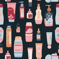 Seamless pattern with bottles of cosmetic products. Shampoo, cream, soap for face and body. Personal care, hygiene. flat illustration for texture, background, wallpaper, fabric vector