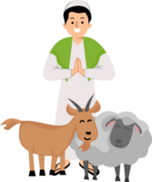 background muslim man greeting happy eid al adha celebration with illustration of goat and sheep sacrificial png