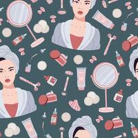 Seamless pattern with Asian girl and cosmetics, creams. Beauty products for moisturizing and caring for facial skin. Morning hygiene procedures. Gua sha massage. flat illustration vector