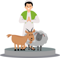 muslim man greeting happy eid al adha background with illustration of goat and sheep sacrificial png