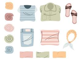 Folded clothes on isolated background. Things for a suitcase. Vacation, travel around the world, adventure. Hand-drawn in trendy style. Colorful flat illustration vector