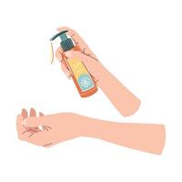 Hand applying sunscreen. Skin care. Protection from the sun and sun rays, healthy skin, even tan. flat illustration on isolated background. vector