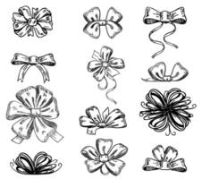 Hand drawn bow. Decoration bows on boxes with gifts. Fashion tie bows accessories sketch doodles tied ribbons vector