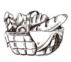In a wicker basket lies bakery products and bread assortment. Loaf and whole grain bread, baguette, bun. sketch style vector