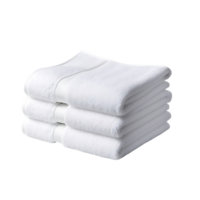 Three soft white towels neatly folded in a stack. Perfect for bathroom decor and spa, creating a sense of cleanliness and coziness. png