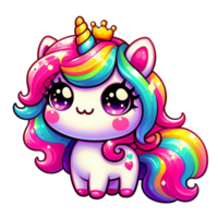 A cartoon-style unicorn with a rainbow-colored mane and tail sits png