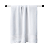 A white soft towel hanging on a towel rack. Perfect for home use, providing convenience and comfort after a shower. png