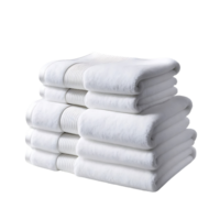 Two small and three large soft white towels neatly folded in a stack. Perfect for bathroom and spa. png