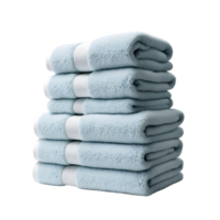 Three small and three large pale blue towels neatly folded in a stack. Perfect for bathroom and spa use. png