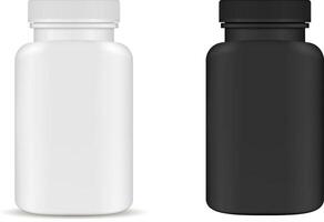 Plastic Pill Bottle Kit. Supplement Container. 3d Pharmaceutical Box for Capsule. Medical Jar Pack in Black and White Design. Prescription Tablet Product Package. Remedy Mockup. vector