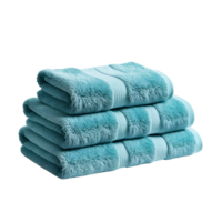 Three neatly folded blue soft towels of different sizes, folded into a pyramid. Ideal for bathroom decor and spa concepts. png