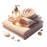Soft peach-toned towels with a pump bottle placed on top. Spa decor surrounds them. Relaxation and comfort. png