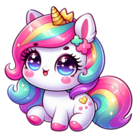 A cartoon-style unicorn with a rainbow-colored mane and tail sits png