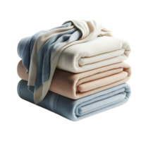 Three soft bed-toned towels neatly stacked, with one towel placed haphazardly on top. Perfect for bathroom and spa. png