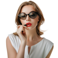 joven mujer en Gafas de sol usos cosmético lápiz labial para labios, transparente antecedentes png