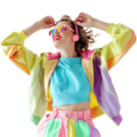 Young woman in sunglasses in bright pastel clothes enjoying listening to music with earphones, transparent background png