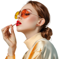 jung Frau im Sonnenbrille Verwendet kosmetisch Lippenstift zum Lippen, transparent Hintergrund png