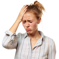 Woman having headache with hands holding head, transparent background png