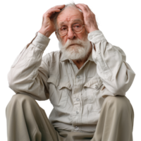 Old man forgetting with hands holding head, transparent background png
