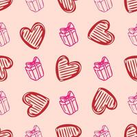 A pattern of hearts and boxes with a pink background vector