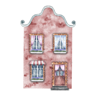 An old European house, a fabulous, cute, red two-storey house in vintage style. The watercolor illustration is made by hand. Isolate it. For prints, children's games, postcard, packaging, scrapbooking png