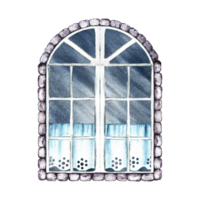 retro Fenster. Jahrgang Jahrgang gewölbt Fenster mit Vorhänge. ein handgemalt Aquarell Illustration. isolieren Es. ein Design Element zum heim, Kinder- Spiele, Postkarten und Dekor. png