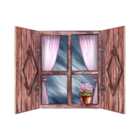 ventana. Clásico rústico ventana con de madera persianas y rosado cortinas con un flor en el antepecho. hecho a mano acuarela ilustración. realce él. para el diseño de para niños juegos, postales png