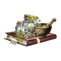 Medicinal herbs, chamomile and tansy. Wooden mortar and glass vials on an old recipe book. Watercolor hand drawn illustration. Isolated composition. For banner, flyer, poster. png