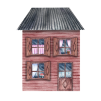 An old village house. Fabulous, wooden two-storey house in vintage style. The watercolor illustration is made by hand. Highlight it. For prints, children's games, postcards, packaging, scrapbooking. png