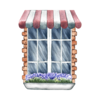 The window is in retro style. An old vintage window framed with brick. With a trump over the window and flowers on the windowsill. A hand-drawn watercolor illustration. Highlight it. A design element. png