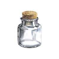 Empty glass vial with cork. Isolate. Watercolor hand drawn illustration. For the design of medical formulations, flyers, banners. For label, packaging of cosmetology and perfumery. png