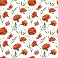 calêndula flores com verde folhas, borboletas e Caracol desatado padronizar. desenhado aguarela ilustração isolado em transparente fundo. para elegante têxtil tecido e louça superfície desenhos png
