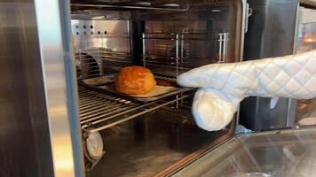 hornear cuerno en horno. recién horneado croissants en bandejas en un panadería, de cerca video