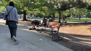 Kanada Vancouver 24.05.2024 echt Leben im ein groß Stadt Probleme mit obdachlos Menschen Wolkenkratzer Stadt Transport. mehrere anders Videos von das Straßen