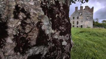 Beautiful scenery of Menlo Castle 16th century ruin by the River Corrib in Galway, Ireland, historic architecture video