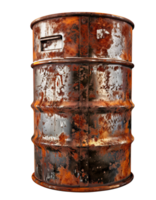 Weathered rusty steel oil barrel against transparent background png