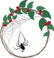 Big black venomous spider on cobweb in circle frame illustration vector