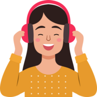 A young woman wearing headphones is smiling and enjoying his music png