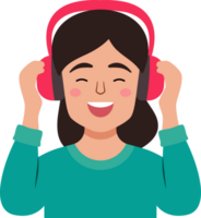 A young woman wearing headphones is smiling and enjoying his music png