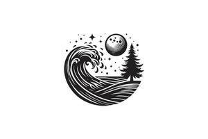 beach ocean vibes logo with waves with pine tree silhouette style vector